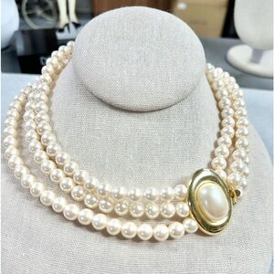 Vintage Signed Richelieu Triple Strand Faux Pearl Gold Tone Clasp Necklace